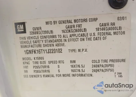 2001 Chevrolet Suburban 1500 Lt from USA, damaged, VIN 1GNFK16T11J220102